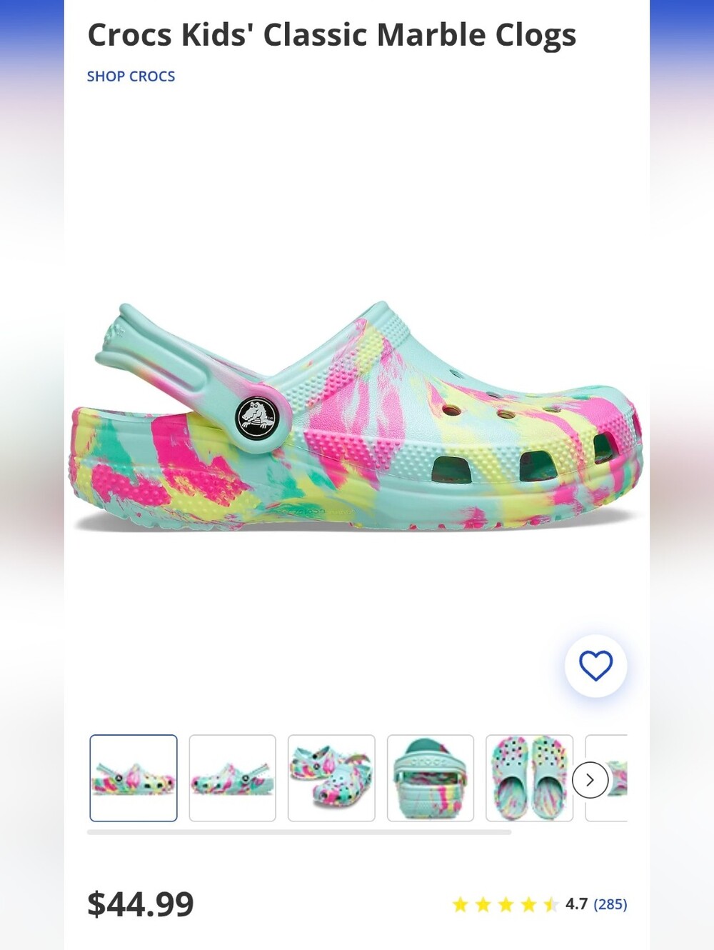 CROCS Kids Light Blue Tie-Dye Style Clog with Pink and Yellow Swirls - Picture 7 of 7